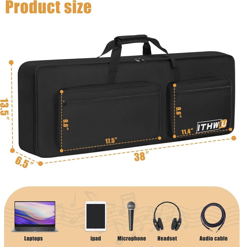 ITHWIU Padded 8mm Shockproof Slim61 Keys Keyboard Case Electric Piano Keyboard Gig Bag Well Protection with Adjustable Straps and 4-Pocket for Keyboard Accessaries, Black (Interior: 37.8”×13”×6”) - Image 3